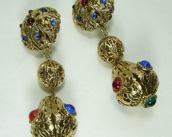 1970s Renaissance Style Runway Earrings Signed Craft Jeweled Statement