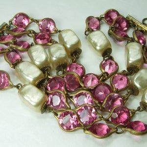 1940s French Pink Bezel Crystal Faux Baroque Pearl Bracelet Wired Wedding Bracelet Bridal Jewelry image 6