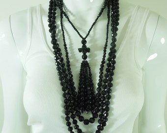 Pair 1980s Statement Size Black Glass Necklaces Tasseled 118 Inches Total Runway Necklace