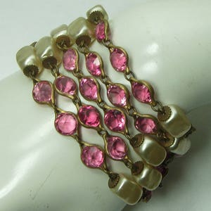 1940s French Pink Bezel Crystal Faux Baroque Pearl Bracelet Wired Wedding Bracelet Bridal Jewelry image 1