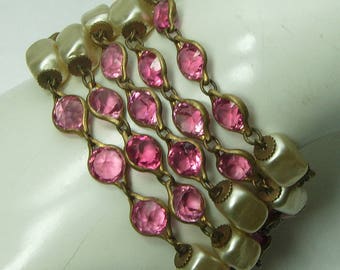 1940s French Pink Bezel Crystal Faux Baroque Pearl Bracelet Wired Wedding Bracelet Bridal Jewelry