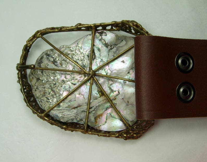 Huge 1960s Brutalist Abalone Bronze Belt Buckle on Fitted Leather Belt Unsigned Anne Dick Modernist image 3