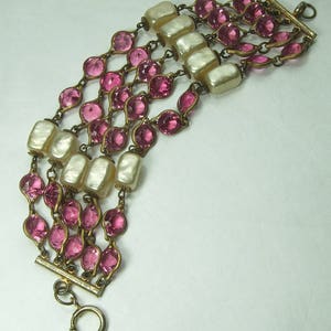 1940s French Pink Bezel Crystal Faux Baroque Pearl Bracelet Wired Wedding Bracelet Bridal Jewelry image 3