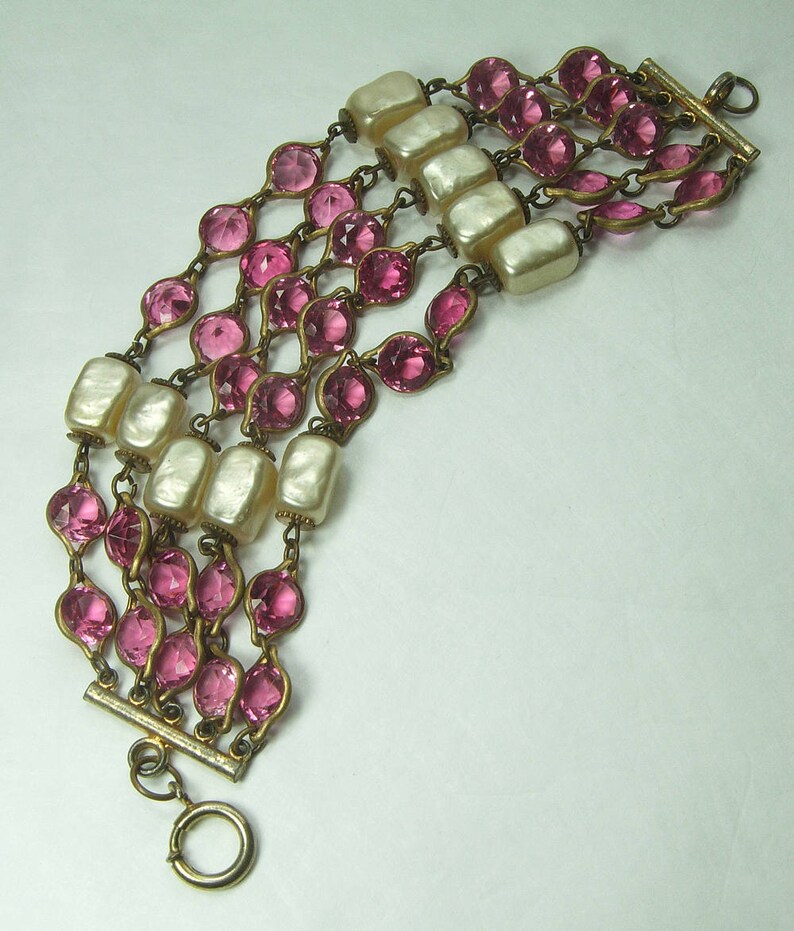 1940s French Pink Bezel Crystal Faux Baroque Pearl Bracelet Wired Wedding Bracelet Bridal Jewelry image 3