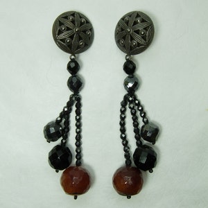 80s Pellini Italy Black Glass Butterscotch Runway Earrings 4.5 Inches Shoulder Dusters image 2