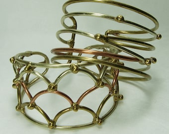 Pair 1970s Studio Modernist Cuff Bracelets Mixed Metal Sterling Silver Statement Size Mid Century Modern