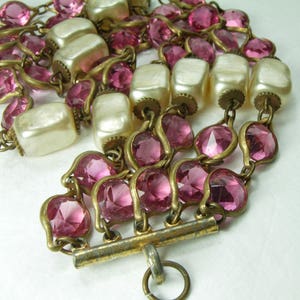 1940s French Pink Bezel Crystal Faux Baroque Pearl Bracelet Wired Wedding Bracelet Bridal Jewelry image 5