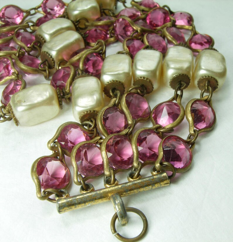 1940s French Pink Bezel Crystal Faux Baroque Pearl Bracelet Wired Wedding Bracelet Bridal Jewelry image 5
