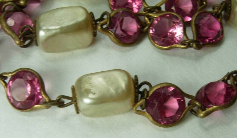 1940s French Pink Bezel Crystal Faux Baroque Pearl Bracelet Wired Wedding Bracelet Bridal Jewelry image 8