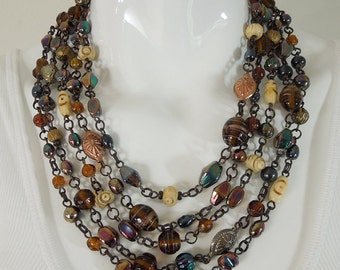 1990 French 5 Strand Poured Glass Wired Necklace Tribal Jet Set Chic Runway