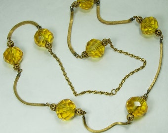 1940s French Necklace Huge Topaz Glass Beads Filigree Snake Chains 32 Inches Statement Necklace