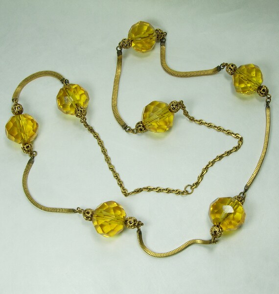 1940s French Necklace Huge Topaz Glass Beads Filig