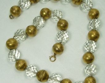 1930s French Art Deco Chain Strung Crystal Necklace Choker Goldtone Beads Bridal Necklace Wedding Jewelry