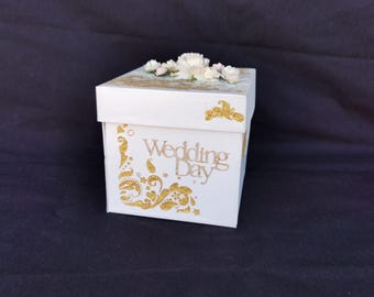 Exploderende bruiloftsdoos – Handgemaakt aandenkencadeau, parelkarton, glitterdecor en moerbeibloemen, luxe gepersonaliseerde trouwdoos