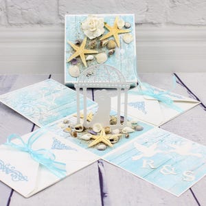 Beach Wedding Exploding Box, Personalized Wedding Gift Box, Handmade Keepsake for Couple, Money Holder, Coastal Wedding Card