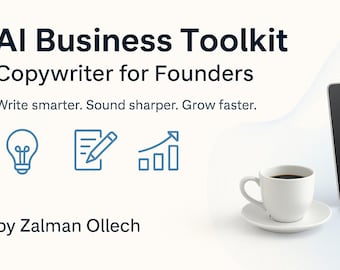May include: An image promoting an AI Business Toolkit for copywriters. The text reads "AI Business Toolkit Copywriter for Founders" and "Write smarter. Sound sharper. Grow faster." A laptop, coffee cup, and icons are also visible.