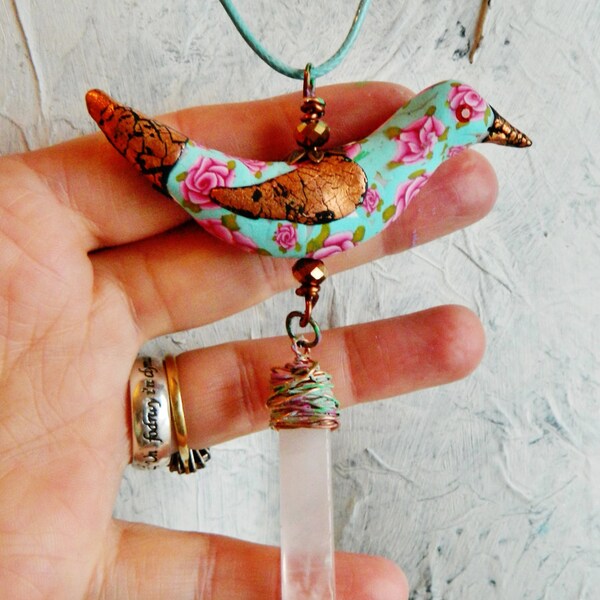 Bird Pendant  rose pattern rose quartz  wearable crystal healing art sculpture handmade turquoise blue pink rose quartz