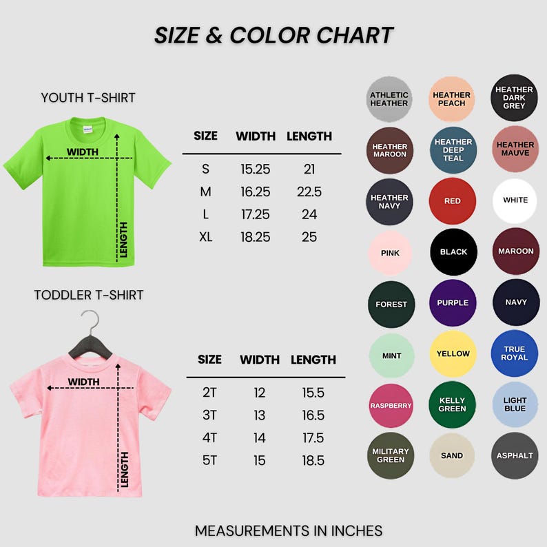 Puede incluir: Tabla de tallas y colores para camisetas juveniles e infantiles. La tabla incluye medidas en pulgadas para el ancho y el largo. Las opciones de color incluyen negro, rojo y marino. El texto "MEASUREMENTS IN INCHES" est&aacute; en la parte inferior.