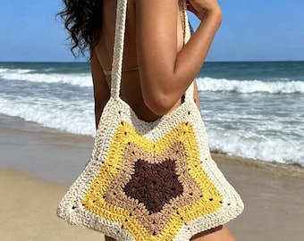 Crochet Star Shaped Tote Bag Pink Beige Knitted Cotton Shoulder Beach Pouch