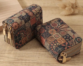 Embroidered Women's Wallet, Small Retro Wristlet Wallet, Double Zipper Short Wallet