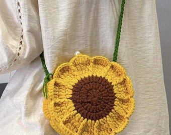 Crochet Sunflower Crossbody Bag, Handmade Sunflower Bag, Boho Crochet Shoulder Bag