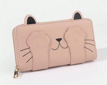 Cute Zippered Bag for Cat Lovers, Slim Organizer Wallet for Cards and Cash