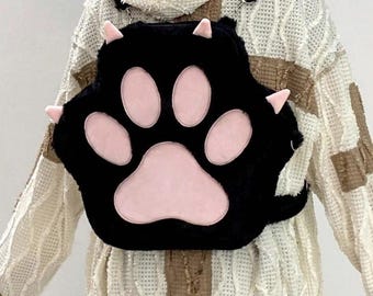Kawaii Cat Paw Backpack, Black Fluffy Plush Bag, Y2K Anime Cosplay Accessory, Pastel Gothic Gift for Cat Lovers