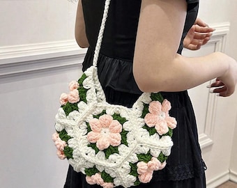 Crochet Puff Flower Patchwork Mini Crossbody Bag White Knitted Floral Shoulder Handbag