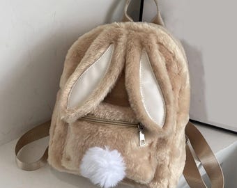 Fluffy Bunny Backpack, Kawaii Plush Rabbit Bag with Ears and Pom Pom Tail, School Bag,  Gift for Girls