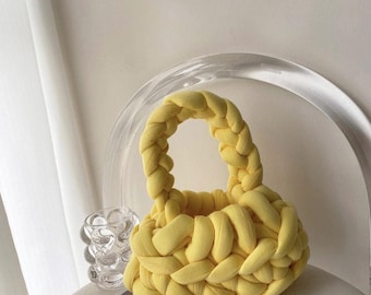 Yellow Knitted Polyester Tote Bag Top Handle Handbag for Vacation and Daily Use