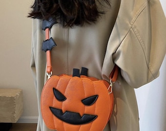 Spooky Pumpkin Crossbody Bag, Gothic Bat Strap Shoulder Purse, Steampunk Jack-O-Lantern Handbag, Funky Punk Style Halloween Gift