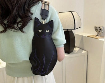 Black Cat Crossbody Bag, Sitting Cat Shoulder Bag, Cute Black Cat Leather Bag, Gift for Cat Lovers