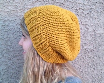 Mustard Yellow Gold Slouch Beanie for Men or Women Knit Hat