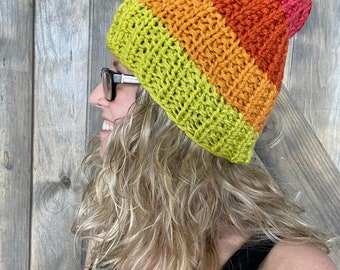 Striped Green, Orange Tall, Slouchy Beanie for Men or Women Knit Hat