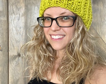 Lime Green Tall, Slouchy Beanie for Men or Women Knit Hat