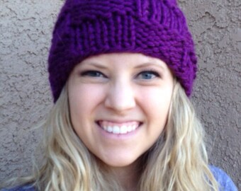 Checkerboard Beanie Dark Purple Basketweave Hat Knit