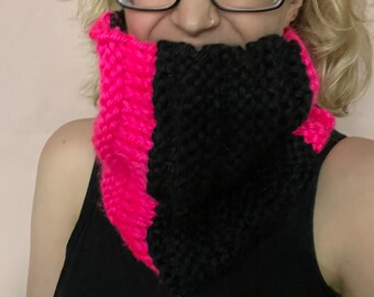 Hot pink and black hand knit cowl