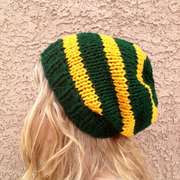 Dark Green and Gold Slouch Beanie for Men or Women Knit Striped Hat Green Bay Packers