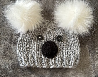 Baby Koala Bear Beabie Hat with Faux Fur Pom Poms - Ages 0-6 months