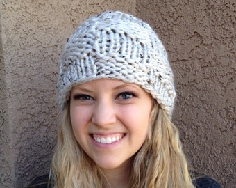 Checkerboard Beanie White W Tweed Basketweave Hat Knit