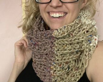 Drop stitch, earth toned, tweed, hand knit cowl