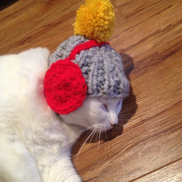 Winter Beanie with Ear Muffs and Pom Pom - hat for small dog or any size cat