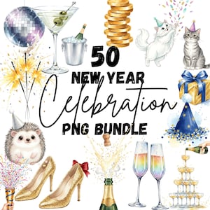 Nieuwjaarsviering PNG-clipartbundel, aquarel feestelijke ontwerpen (digitale download).