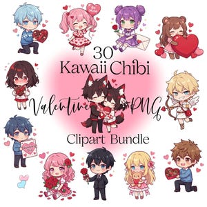 Kawaii Chibi Valentine PNG Clipart-bundel, chibiness, chibi png, candy grams & school Valentine clipart, schattige stickers, plakboek, 30 png.