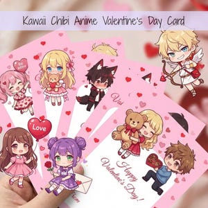 May include: A collection of pink Valentine's Day cards featuring Kawaii Chibi Anime characters. Each card has a unique illustration of anime characters, hearts, and the text "Happy Valentine's Day!" and "Be Mine".