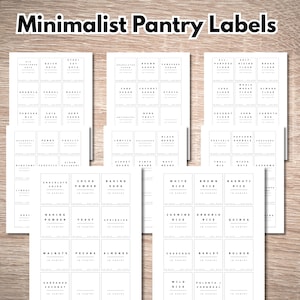 May include: Minimalist pantry labels with black text on white backgrounds. The labels are organized in rectangular shapes and include text such as "Granola", "Cereal", "Pasta", and "Rice". The words "Minimalist Pantry Labels" are at the top.