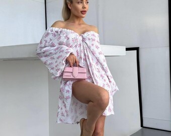 Muslin Floral Mini Dress | Oversized Boho Dress for Women | Off Shoulder Summer Dress | Cottagecore Balloon Sleeve Dress
