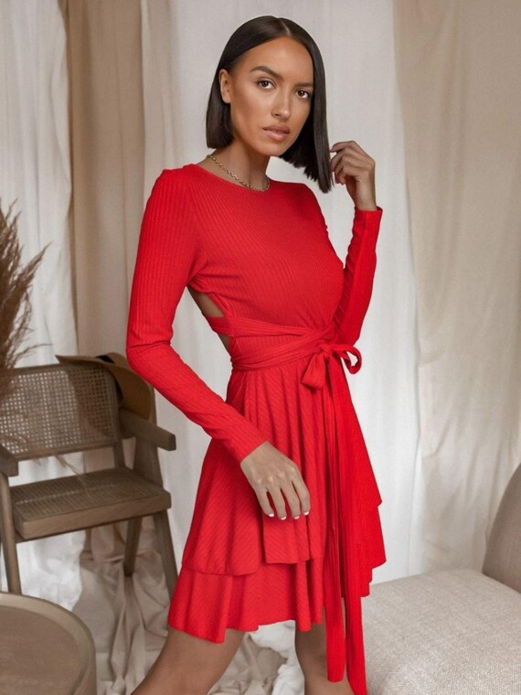 red summer bodycon dress Backless Mini With Long Sleeves | Ribbed Dress | Elegant Outfit | Open Back Dress NWT Anthropologie Ariana Square-Neck pet dress this floor Color:BLACK/WHITE