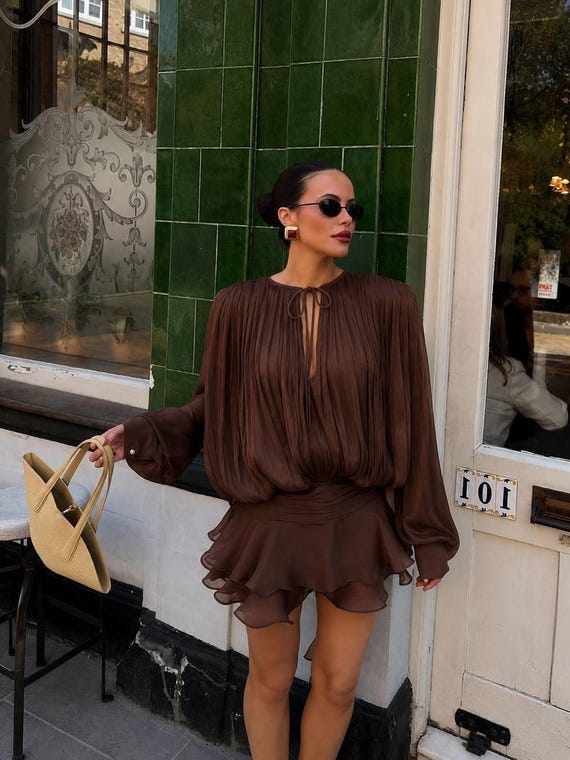 Chiffon Organza Mini Dress | Long Sleeve Ruffle Dress for Women | Elegant Party Dress | Romantic Cocktail Outfit