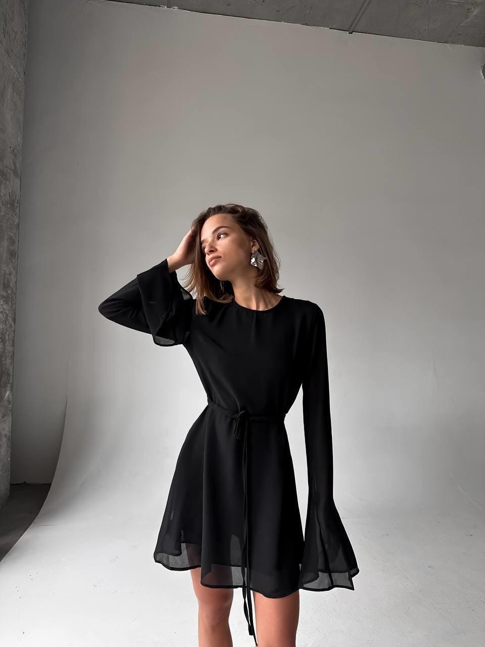 Black Crepe Long Sleeve Dress - Etsy